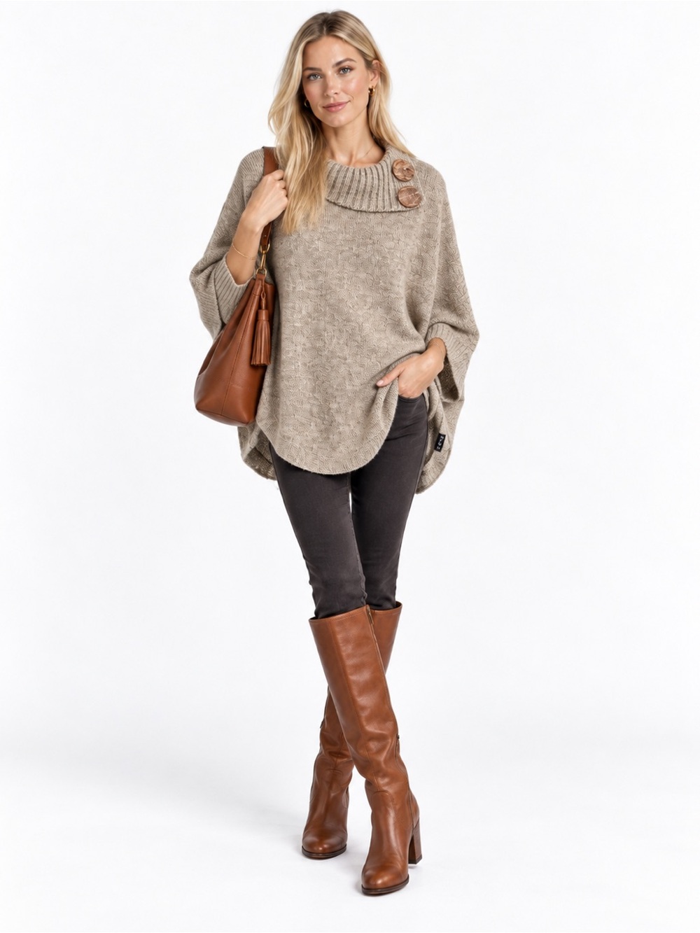 Cozy Button-Shoulder Alpaca Knit Poncho Sweater in Taupe